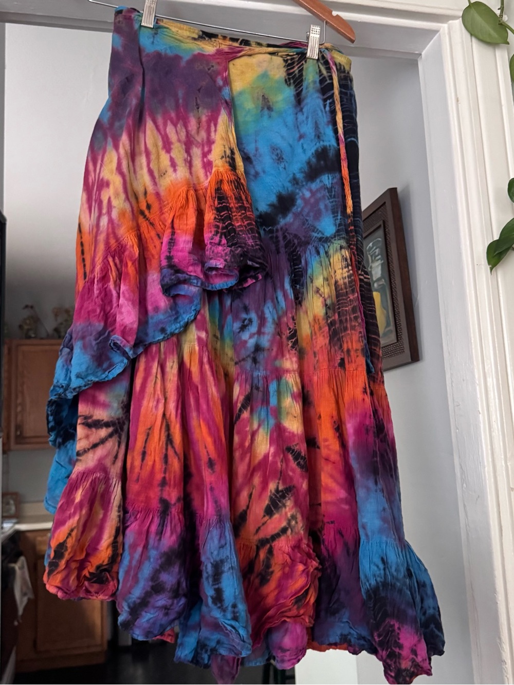 Shop Therapy Boho tie dye wrap flowy long Maxi Skirt ruffles multicolor one size
